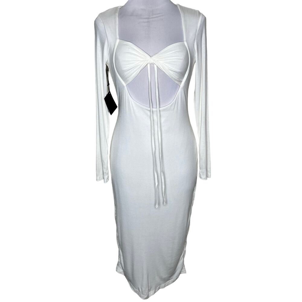 Area Stars Bodycon Midi Dress Large Cutout Long Sleeve Jersey Ruched Going Out